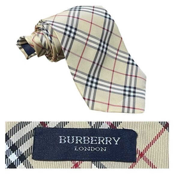 VTG Burberry London Nova Check Wide Width Hand Made Silk Neck Tie Beige Men - Picture 1 of 7